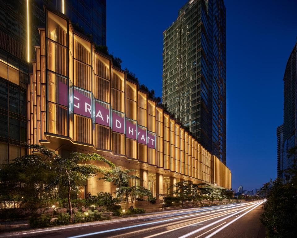 Grand Hyatt Manila exterior at night